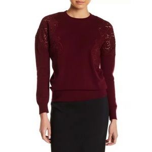 Ted Baker Lace Applique Embroidered Panel Crew Neck Knit Sweater Jumper